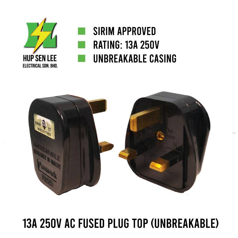 13A 250V AC Fused Resilient Plug Top with Sirim Approve Black Colour